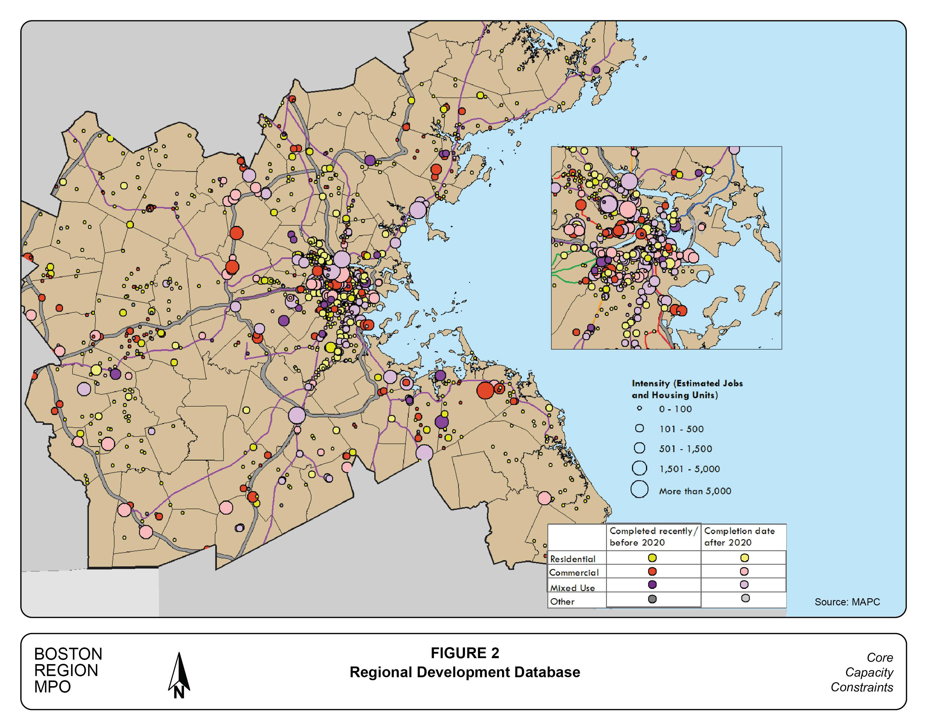 Figure 2 is a map of the Boston MPO region. The location, size, and nature of currently planned development projects are shown.